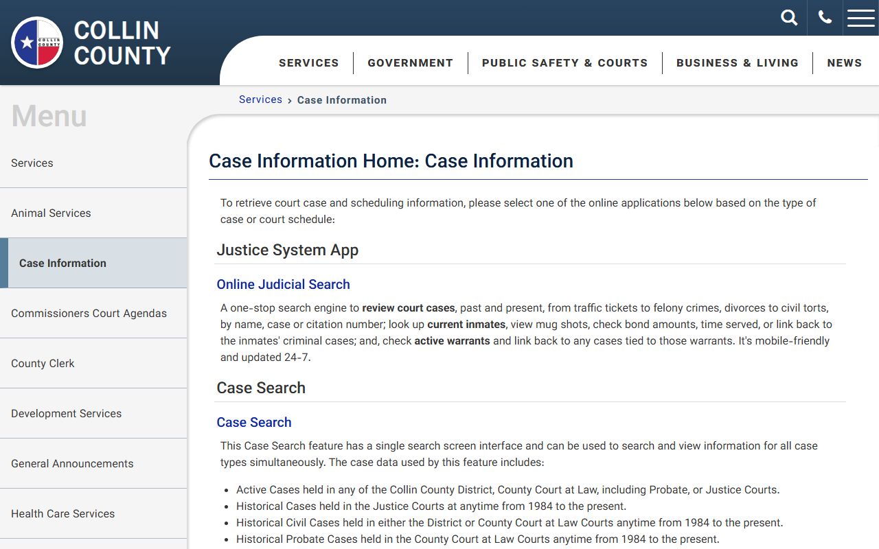 Collin County case information page describing inmate mugshots bonds warrants and court records
