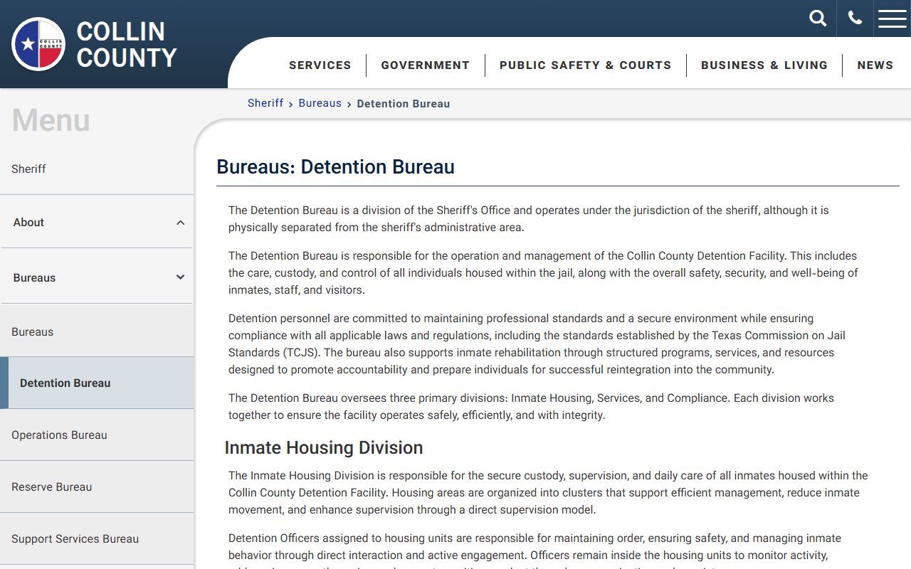 Collin County Detention Facility detention bureau inmate population page