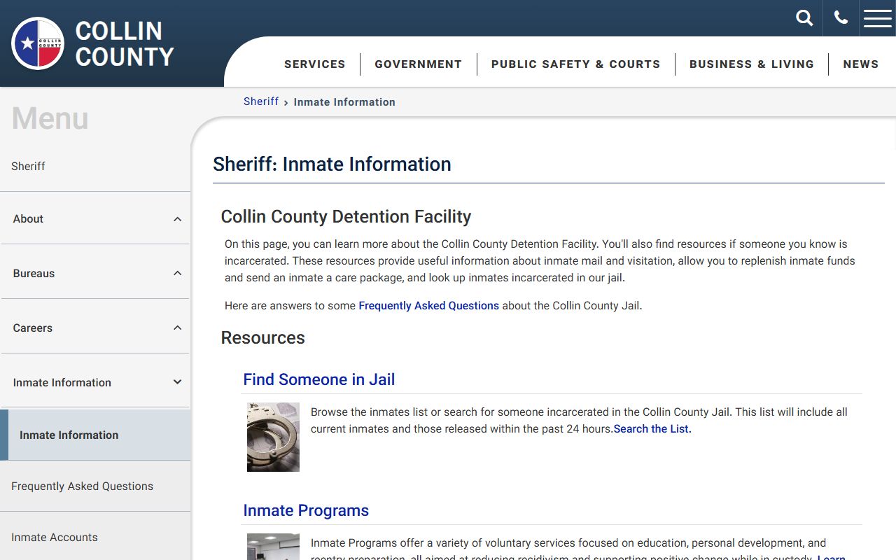 Collin County inmate information page with jail lookup and detention resources