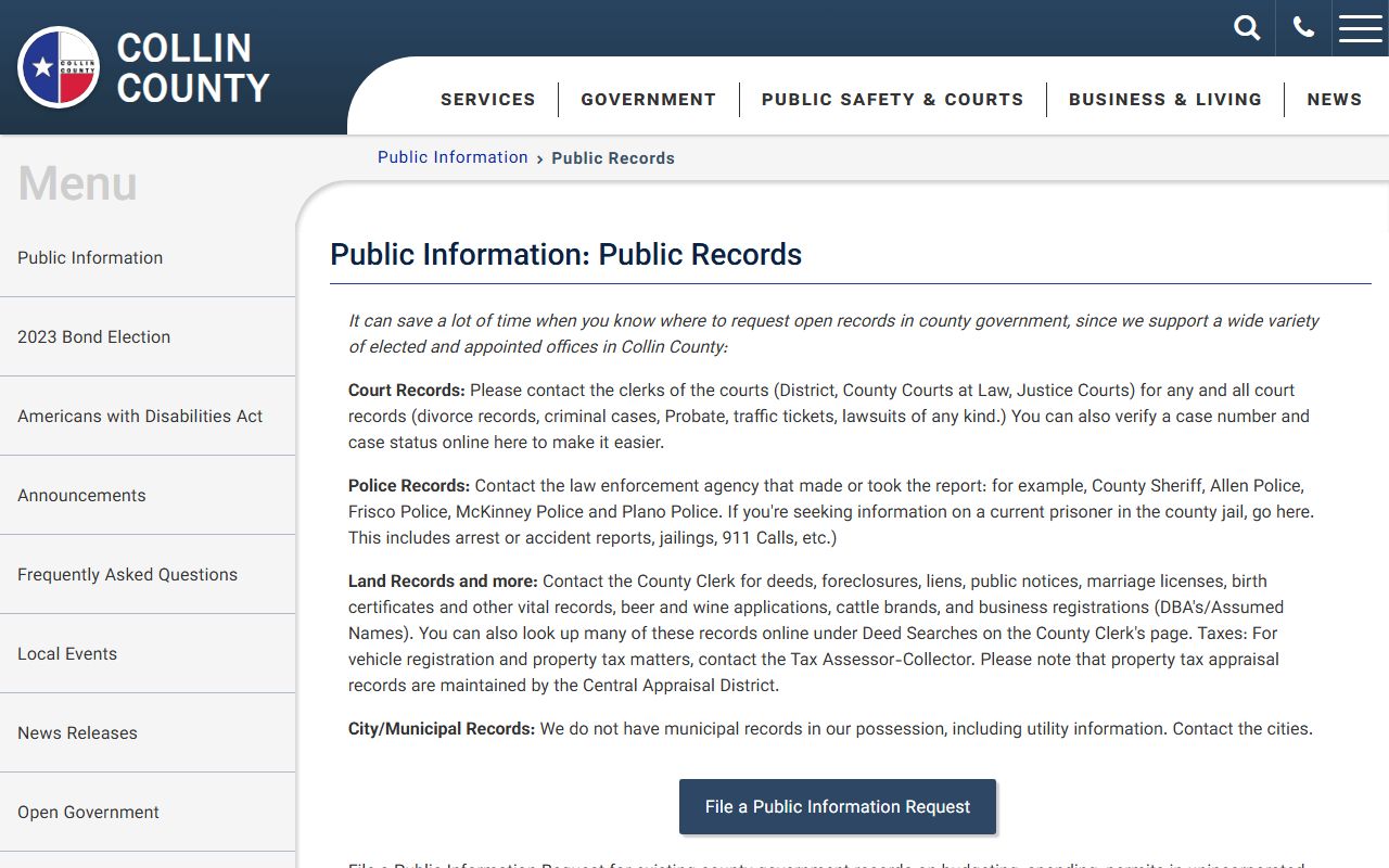 Collin County public records routing page for court police jailings and county records