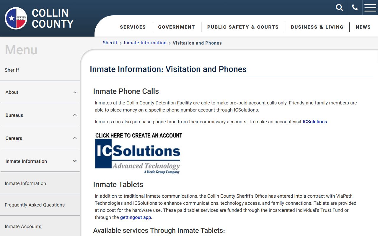 Collin County Detention Facility visitation and phone rules for inmates