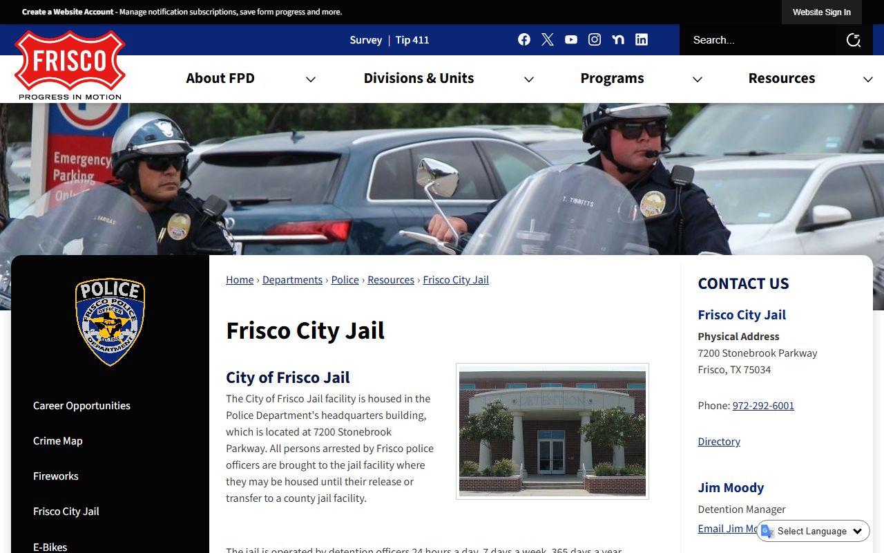 Frisco City Jail municipal inmate custody page in Collin County