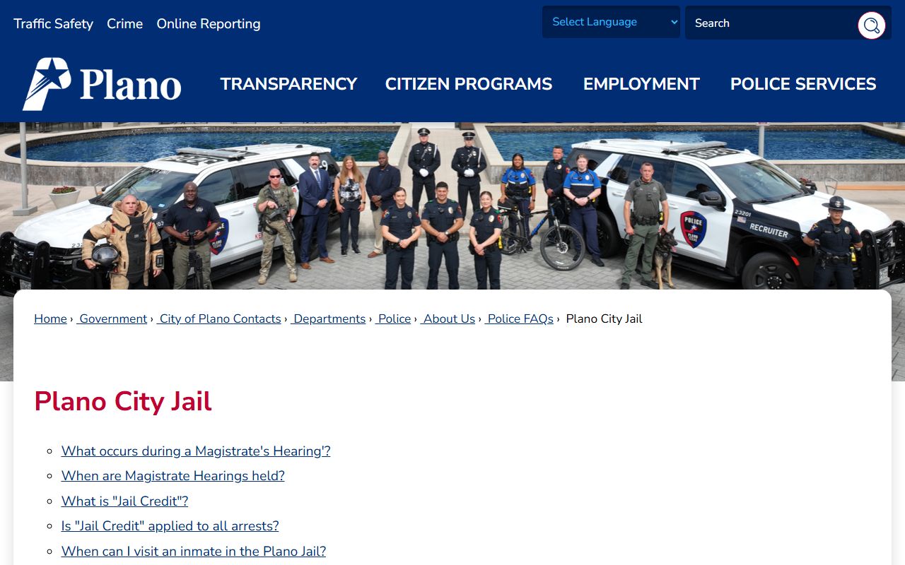 Plano City Jail municipal inmate custody page in Collin County